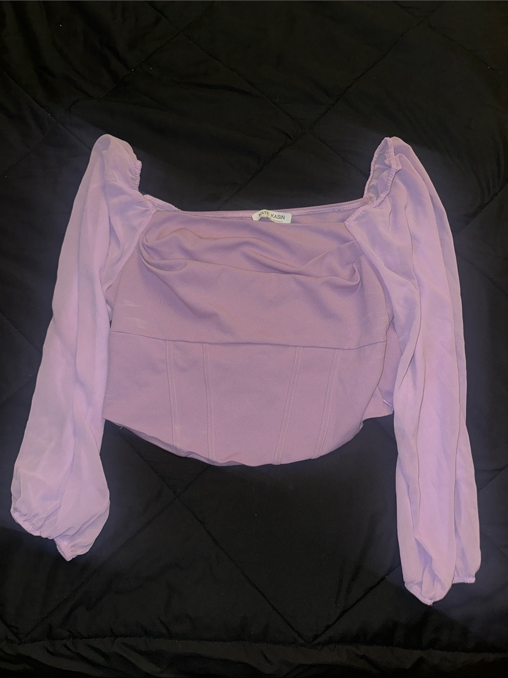 Lavender Puff-Sleeve Square-Neck Crop Top